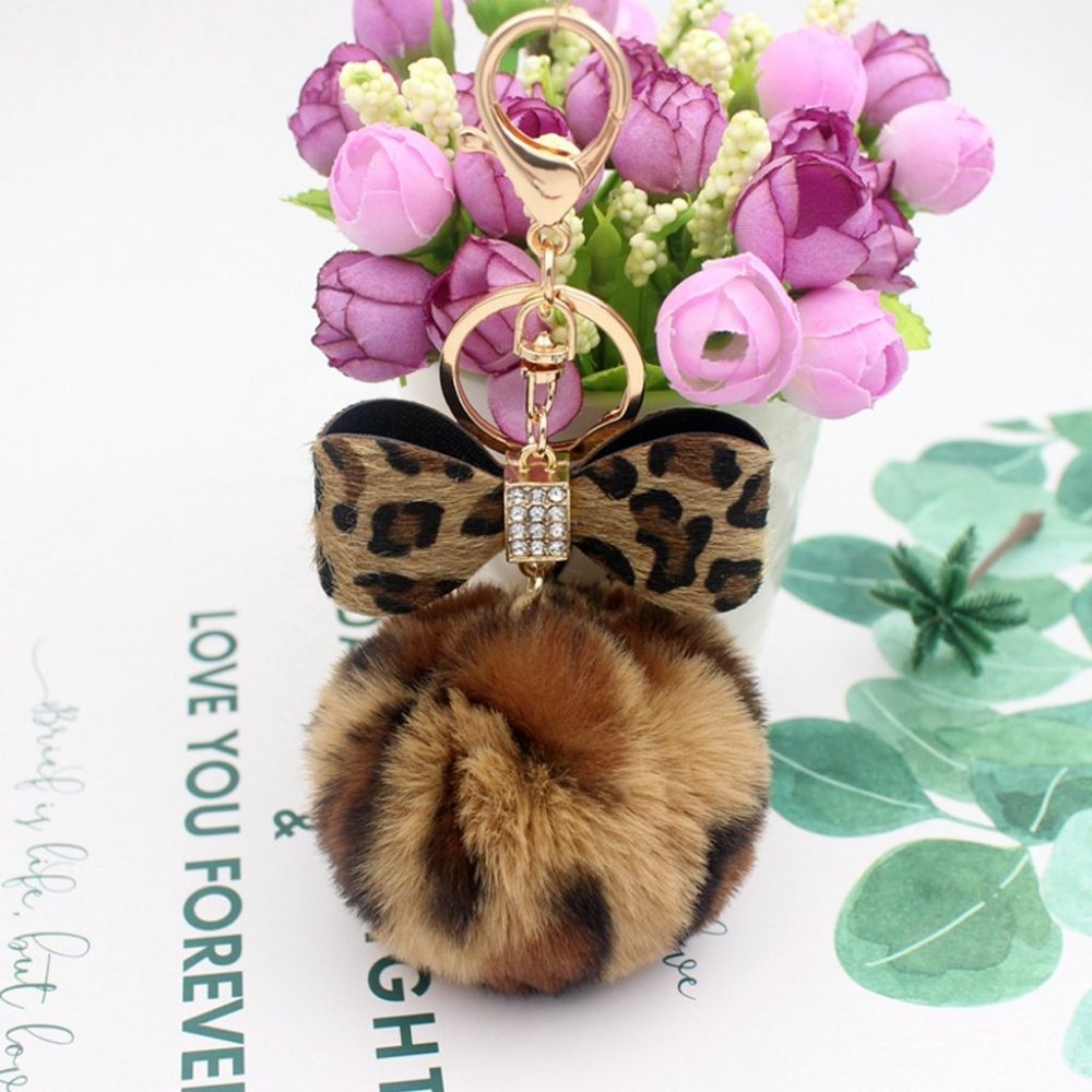 Leopard Print Pom Pom & Bow Keychain/Bag Charm